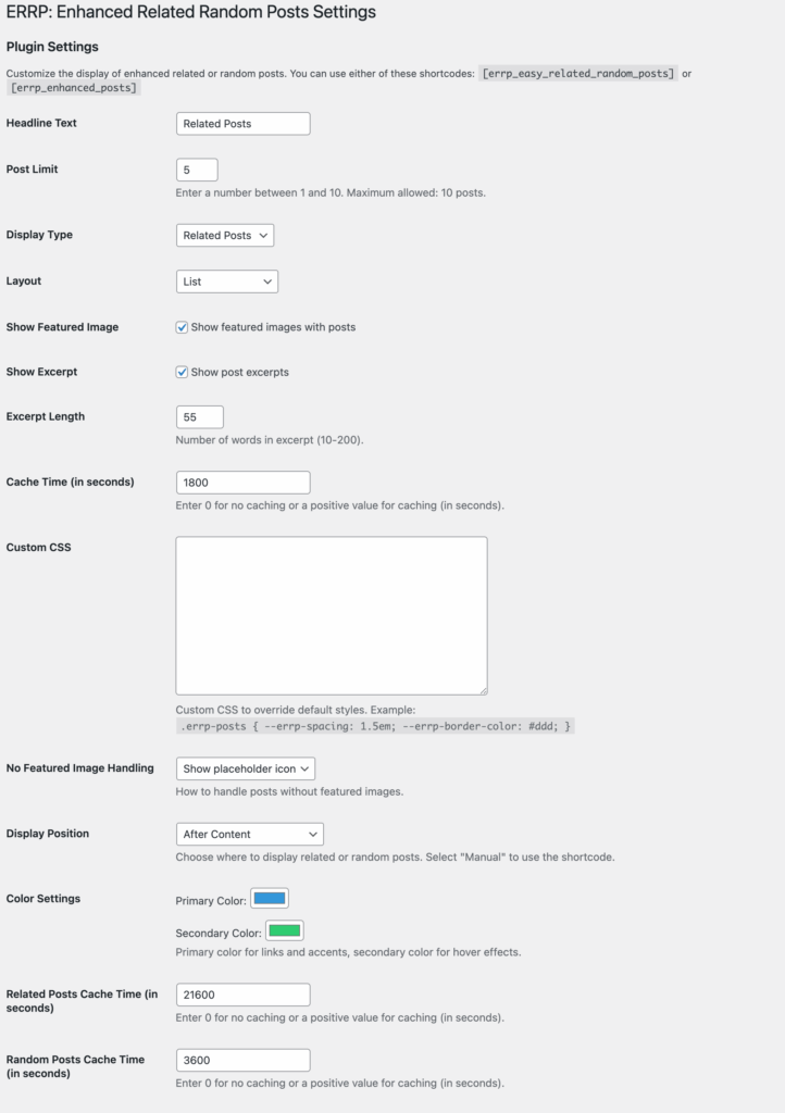 ERRP WordPress plugin settings interface showing configuration options for related posts display including layout, colors, caching, and positioning settings